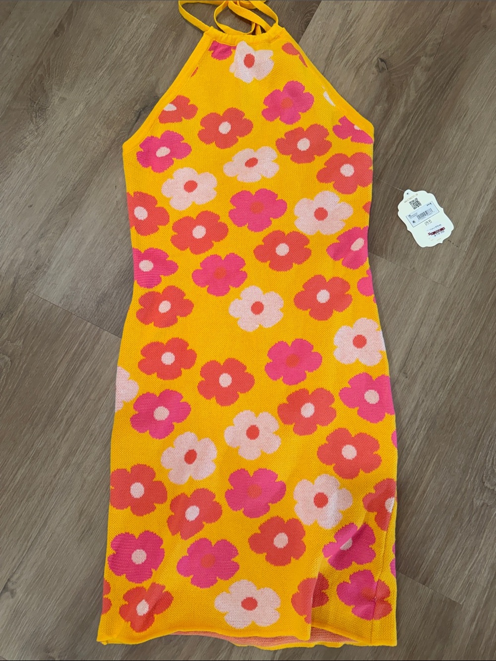 Altar'd State Yellow Halter Mini Dress with Pink & Coral Floral Print
